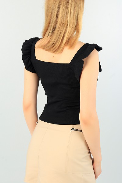 Siyah Kolları Fırfırlı Fitilli Bluz 67833