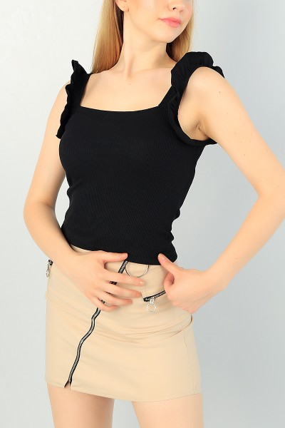 Siyah Kolları Fırfırlı Fitilli Bluz 67833