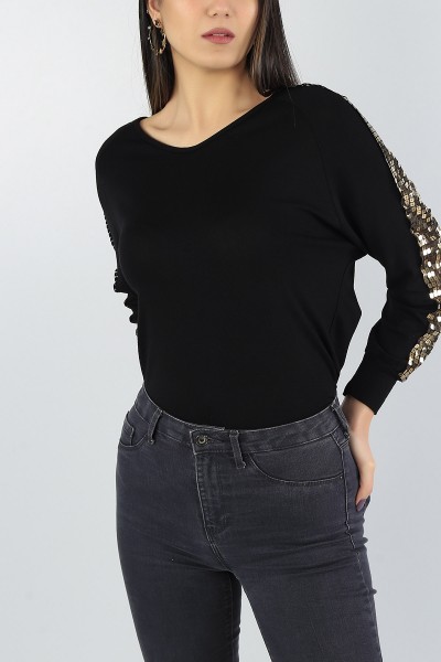 Siyah Kolları Pul Payet Bluz 56126