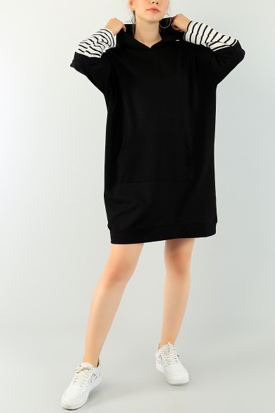 Siyah Kolları Şeritli Cepli Tunik Elbise 74705