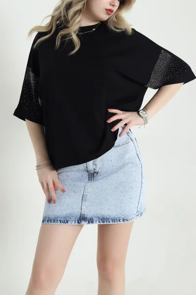 Siyah Kolları Taşlı Oysho Kadın Bluz 457016