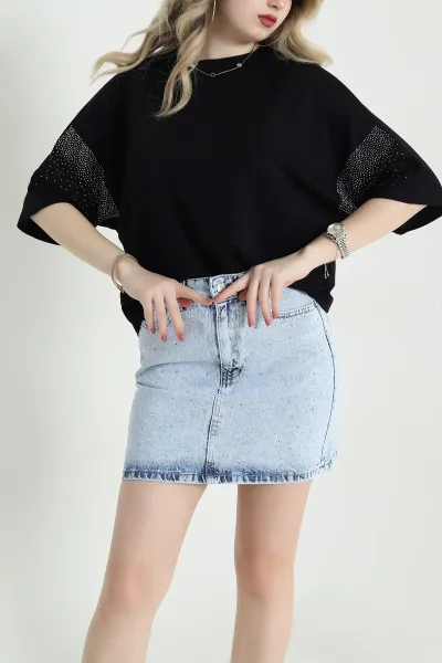 Siyah Kolları Taşlı Oysho Kadın Bluz 457016