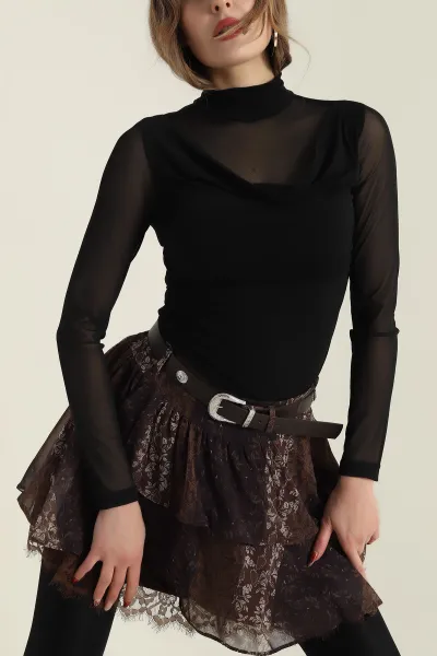 Siyah Kolları Tül Buzzy Kadın Bluz 427522