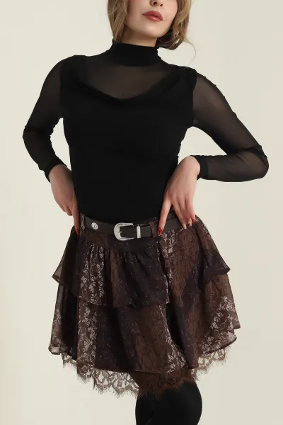Siyah Kolları Tül Buzzy Kadın Bluz 427522