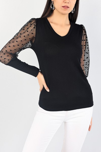 Siyah Kolları Tüllü V yaka Bluz 87964