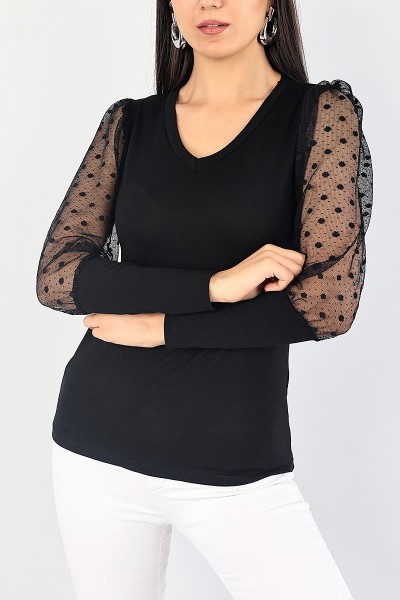 Siyah Kolları Tüllü V yaka Bluz 87964