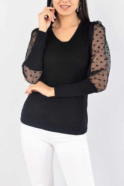 Siyah Kolları Tüllü V yaka Bluz 87964