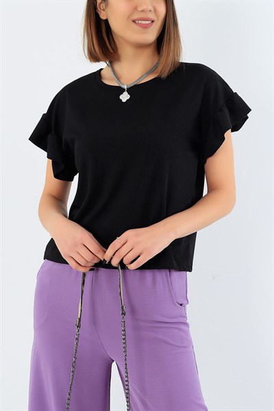 Siyah Kolu Fırfırlı Kaşkorse Bluz 30094B
