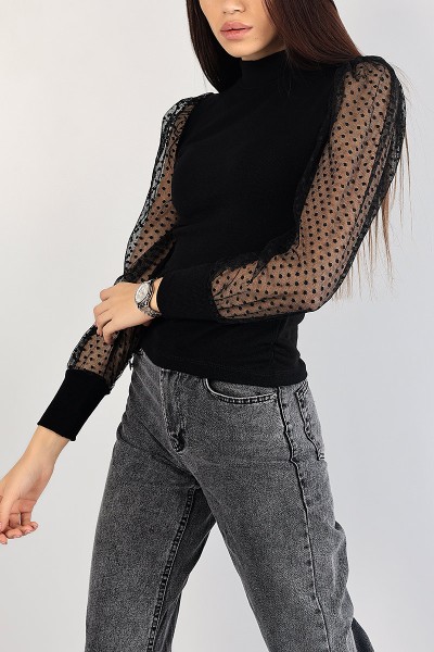 Siyah Kolu Tül Detay Selanik Triko Bluz 83672