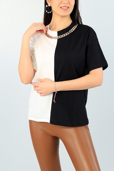 Siyah Kolyeli Tasarım Çift Renk Bayan Bluz 60932