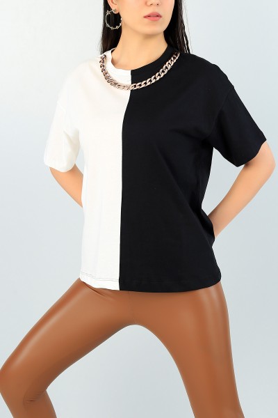 Siyah Kolyeli Tasarım Çift Renk Bayan Bluz 60932