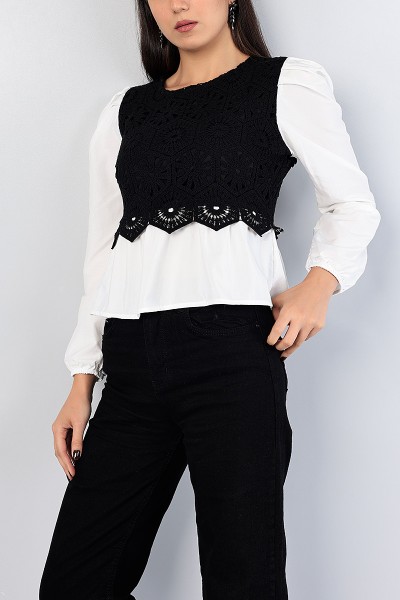 Siyah Komple Dantelli Poplin Eklemeli Bluz 82244