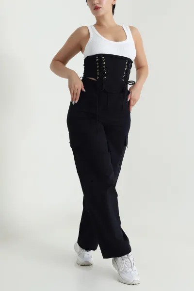 Siyah Korsaj Bluz Kargo Pantolon Likra Gabardin Kadın İkili Takım 480620