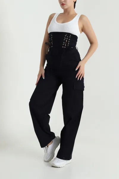 Siyah Korsaj Bluz Kargo Pantolon Likra Gabardin Kadın İkili Takım 480620
