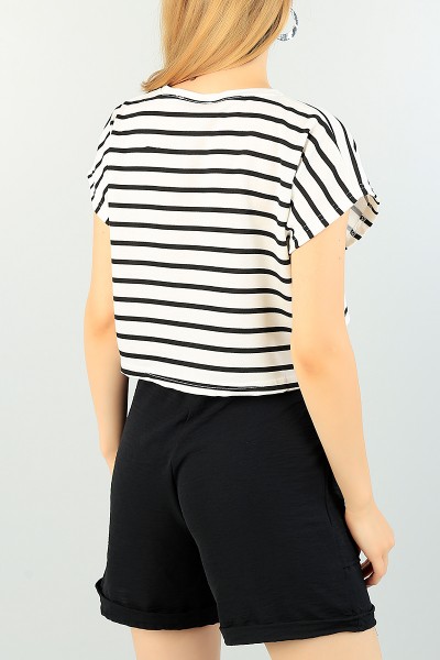 Siyah Krem Çizgili Bayan Crop Tşört 71620