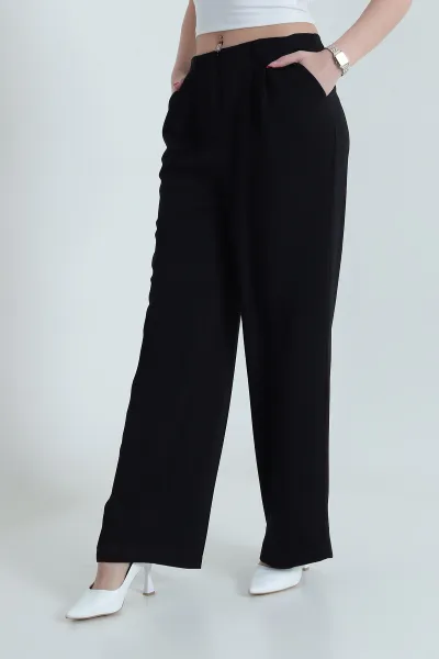 Siyah Krep Tencel Fermuarlı Cepli Kadın Pantolon 438803