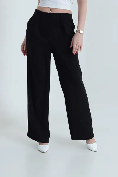 Siyah Krep Tencel Fermuarlı Cepli Kadın Pantolon 438803