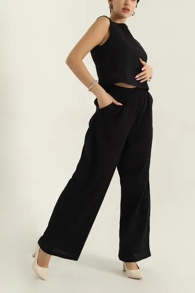 Siyah Krinkıl Bluz Pantolon Kadın İkili Takım 374504