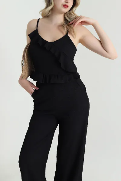 Siyah Krinkıl Bluz Pantolon Kadın İkili Takım 466515