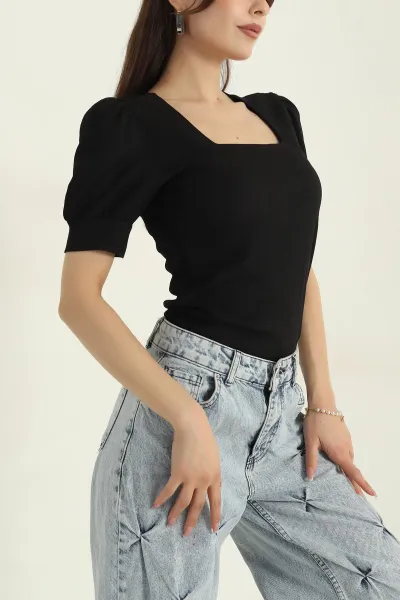 Siyah Krinkıl Kare Yaka Kadın Bluz 375218