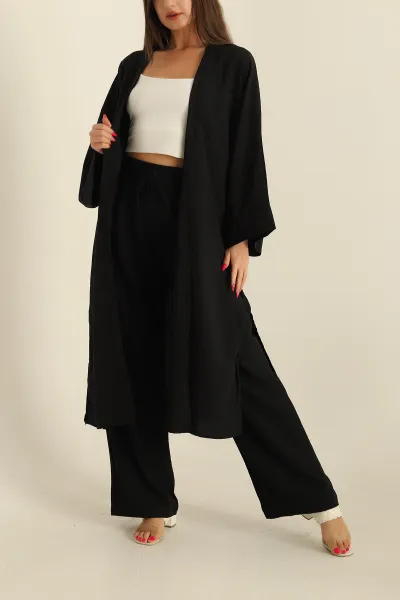 Siyah Krinkıl Kimono Pantolon İkili Takım 278671