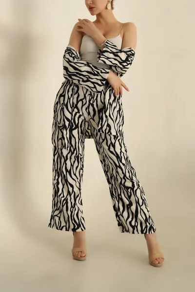 Siyah Krinkıl Kumaş Kimono Pantolon İkili Takım 265579