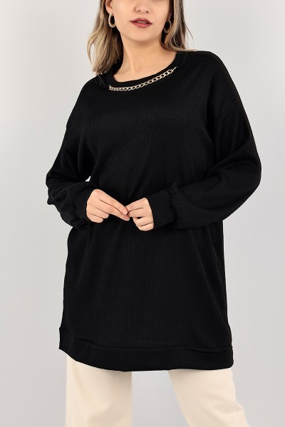 Siyah Krinkıl Kumaş Zincir Kolyeli Tunik 106773