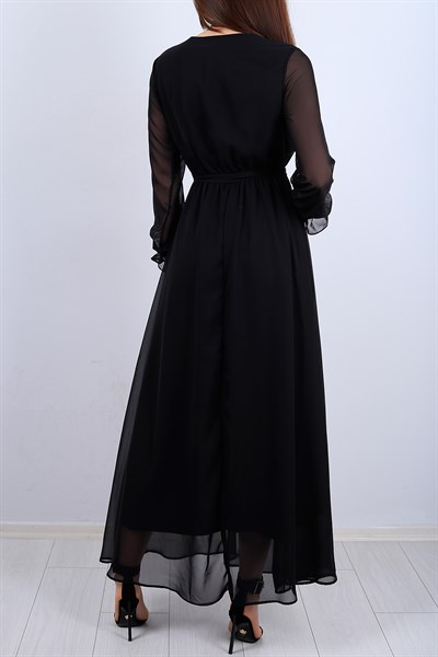Siyah Kruvaze Yaka Bayan Şifon Elbise 12421B