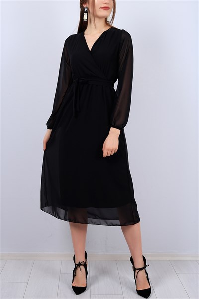 Siyah Kruvaze Yaka Bayan Şifon Elbise 12303B