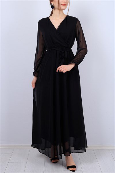 Siyah Kruvaze Yaka Bayan Şifon Elbise 12421B