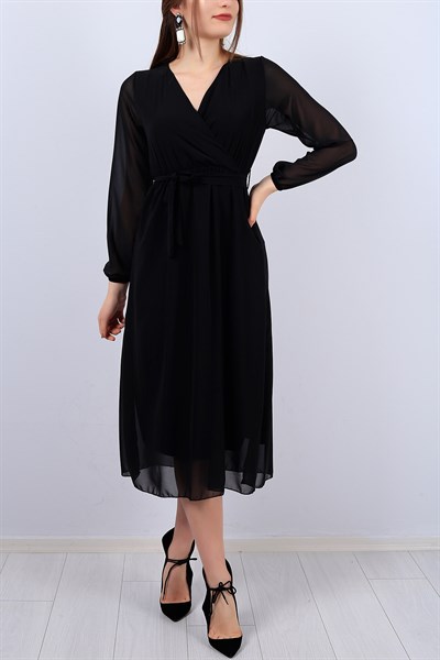 Siyah Kruvaze Yaka Bayan Şifon Elbise 17400B