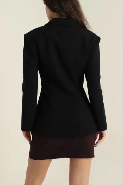 Siyah Kruvaze Yaka Blazer Kadın Poliviskon Ceket 425254
