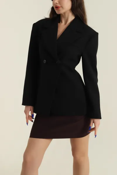 Siyah Kruvaze Yaka Blazer Kadın Poliviskon Ceket 425254