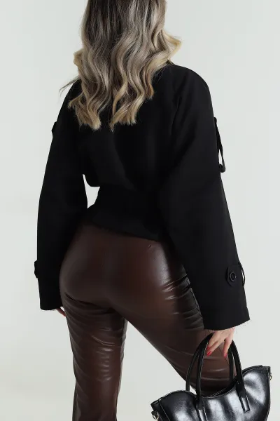 Siyah Kruvaze Yaka Crep Kadın Trençkot 484795