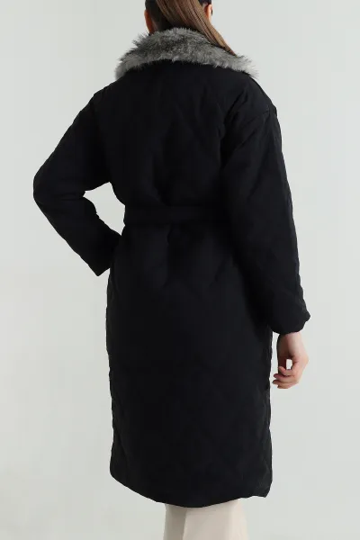 Siyah Kruvaze Yaka Kapitone Kadın Mont 495511