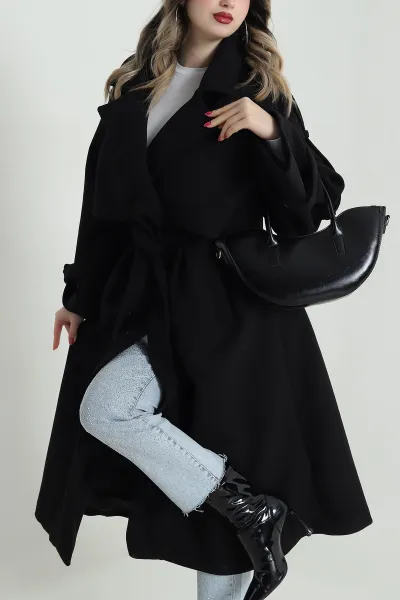 Siyah Kruvaze Yaka Kaşe Kadın Kaban 492397