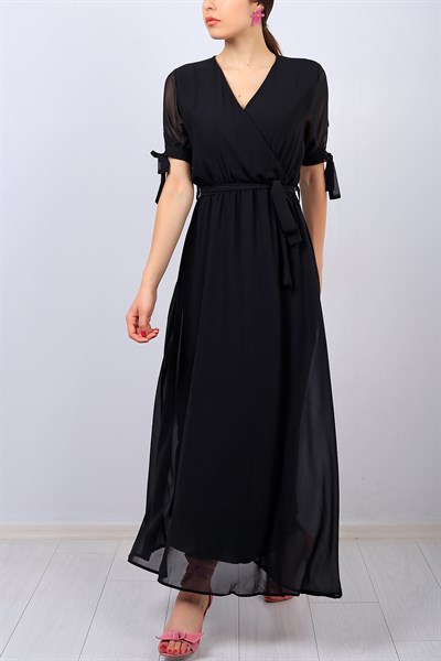 Siyah Kruvaze Yaka Kemerli Şifon Elbise 14661B