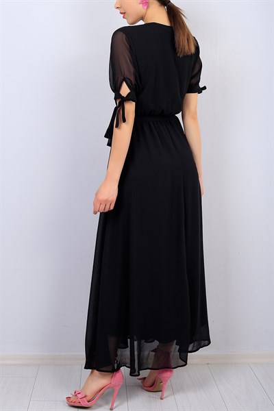 Siyah Kruvaze Yaka Kemerli Şifon Elbise 14661B