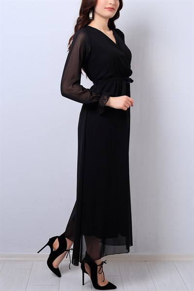 Siyah Kruvaze Yaka Kemerli Şifon Elbise 14100B