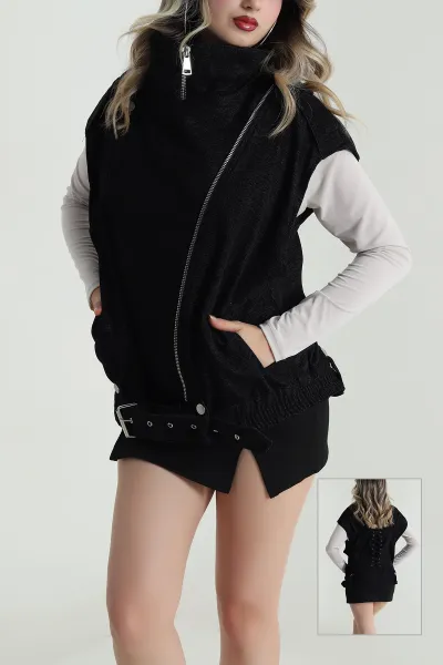 Siyah Kuş Gözü Bağcıklı Denim Modal Kadın Tasarım Yelek 489208