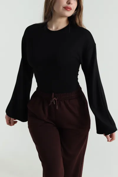 Siyah Kuş Gözü Bağcıklı Modal Kadın Bluz 494837