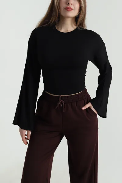 Siyah Kuş Gözü Bağcıklı Modal Kadın Bluz 494837