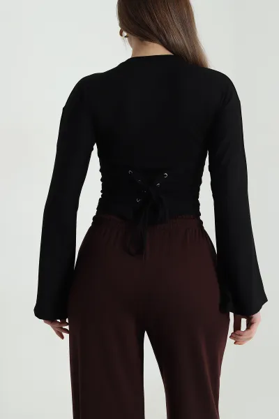 Siyah Kuş Gözü Bağcıklı Modal Kadın Bluz 494837