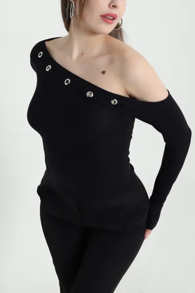 Siyah Kuş Gözü Detay Buzzy Kadın Bluz 443614