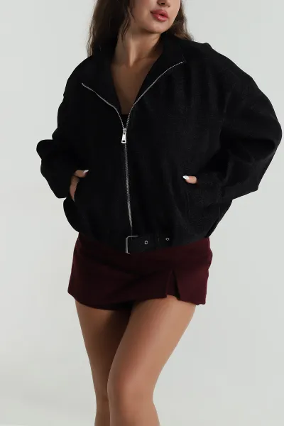 Siyah Kuşaklı Astarlı Denim Modal Mont 488802