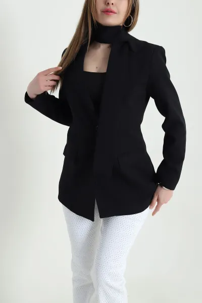 Siyah Kuşaklı Dabıl Blazer Kadın Ceket 443904