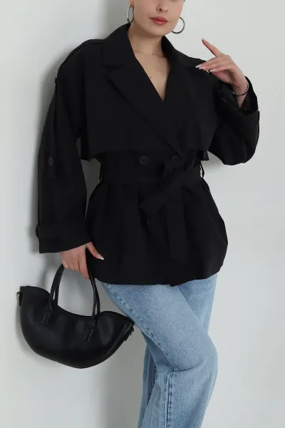 Siyah Kuşaklı Tasarım Kadın Ara Boy Trençkot 487233