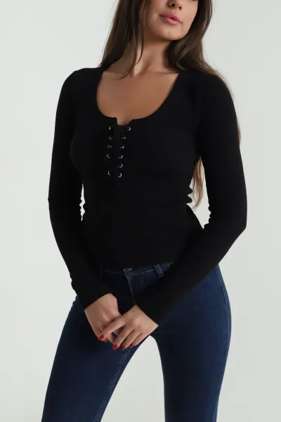 Siyah Kuşgözü Fitilli Kadın Bluz 491732
