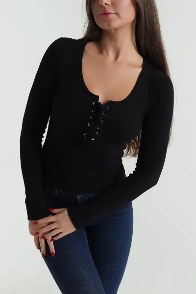 Siyah Kuşgözü Fitilli Kadın Bluz 491732