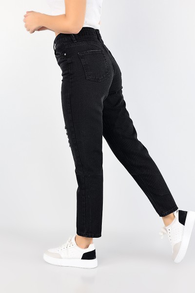 Siyah Lazer Kesim Bayan Mom Kot Pantolon 86958